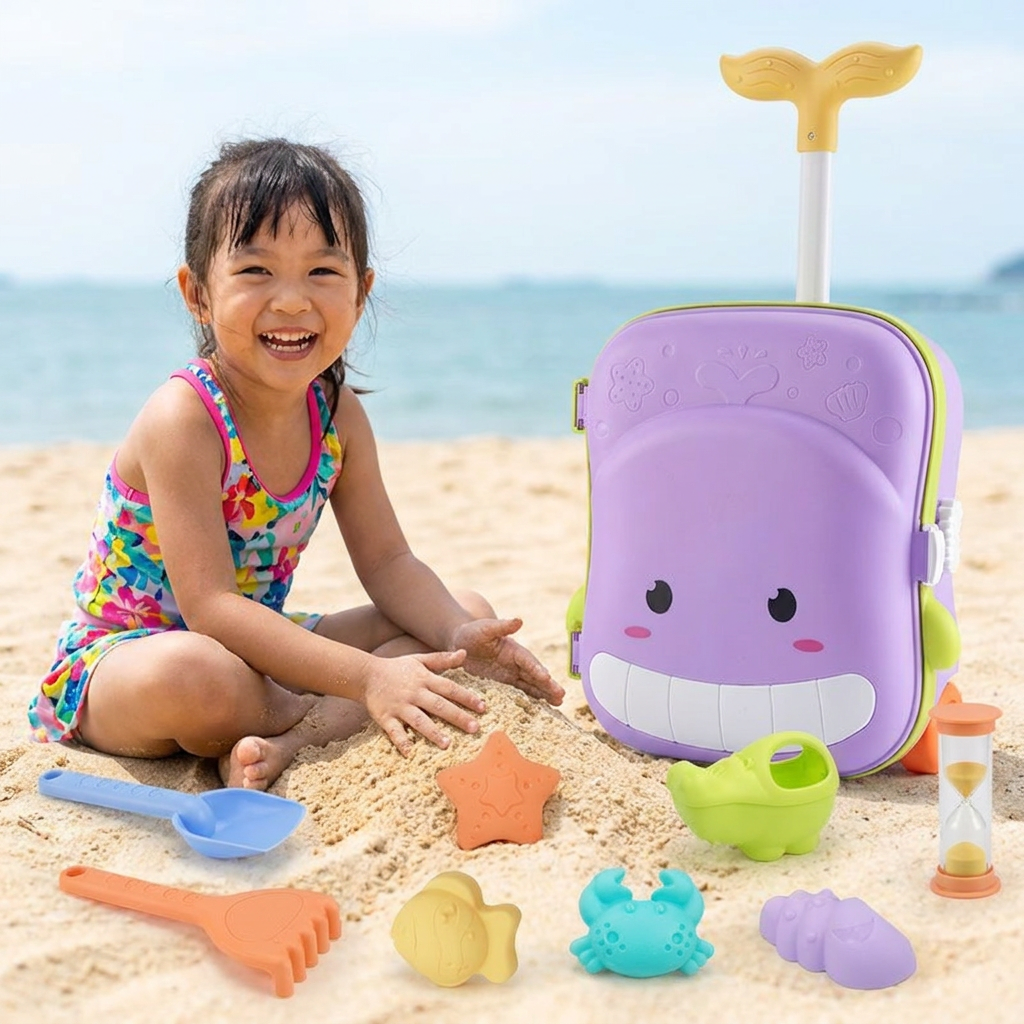 Kids Beach Toy Suitcase with Sand Tools and Hourglass