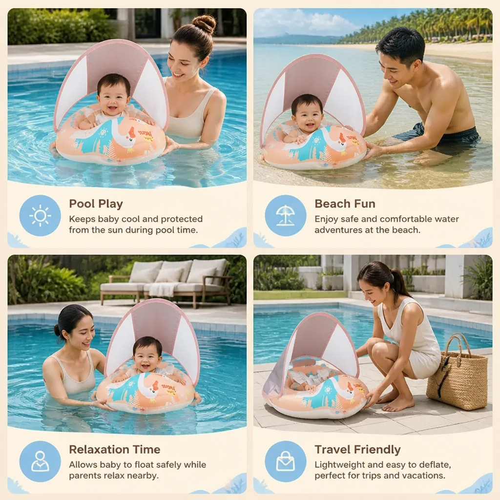 Swan Baby Swim Ring with Sun Canopy – Inflatable Safety Float Seat for Babies