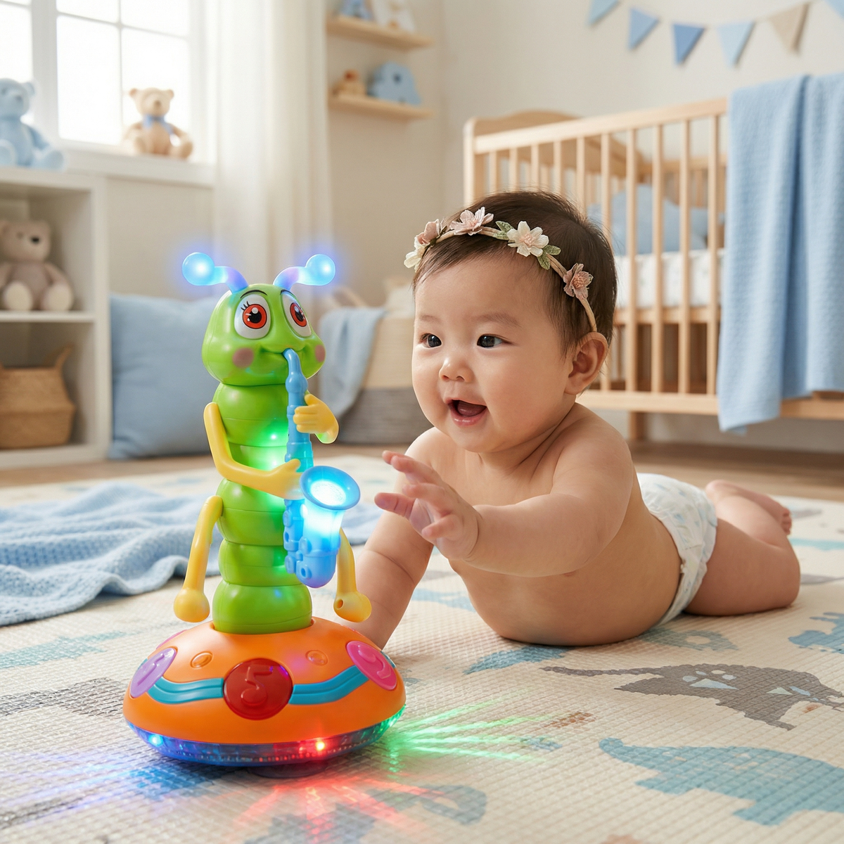 Musical Crawling Toy for Babies ⎜ Spinning Caterpillar with Lights and Sound for Early Learning and Fun Movement