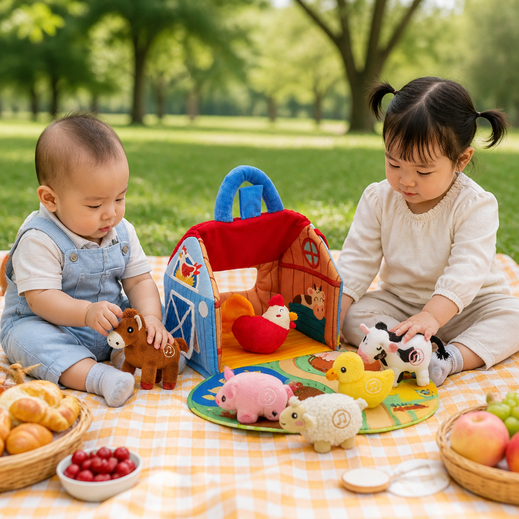 Farm Animal Plush Playset – Interactive Learning Toy with Portable Playhouse