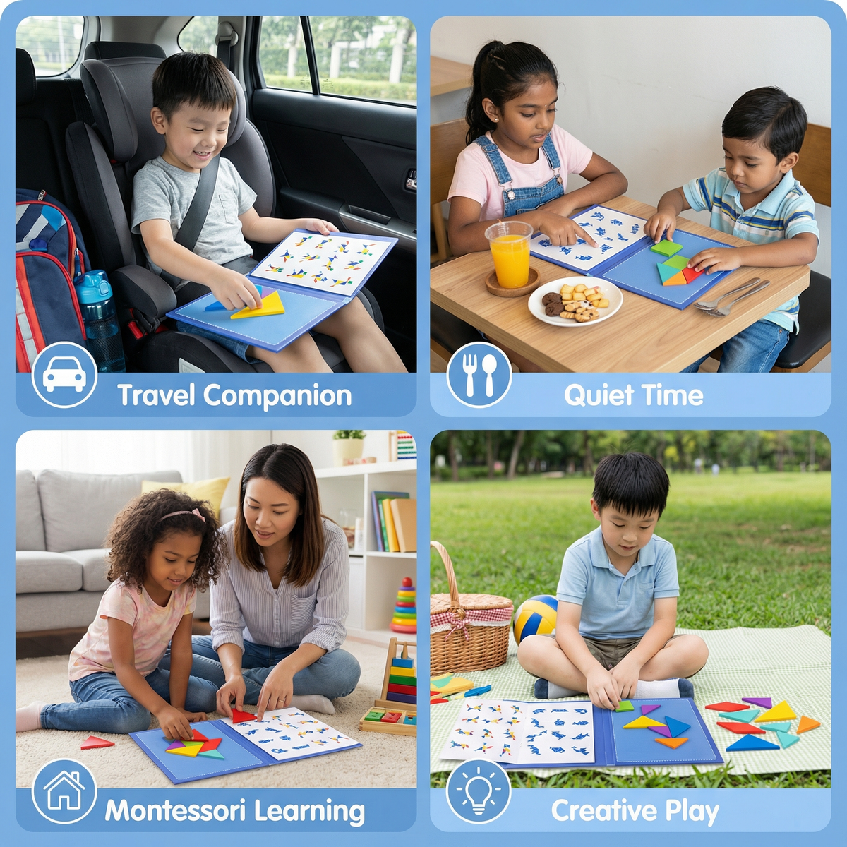 Portable Montessori Wooden Magnetic Tangram Puzzle Book Learning Toy