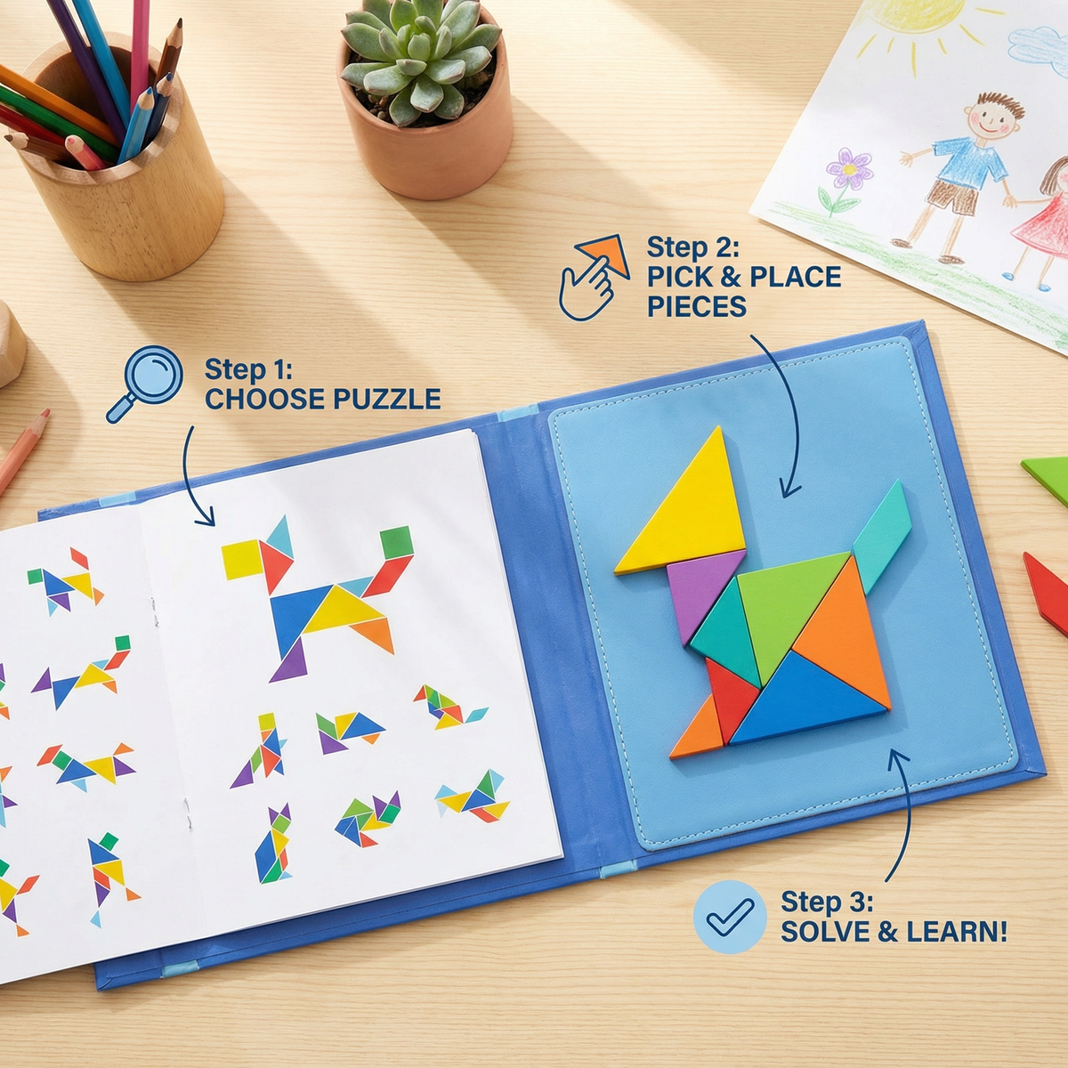 Portable Montessori Wooden Magnetic Tangram Puzzle Book Learning Toy