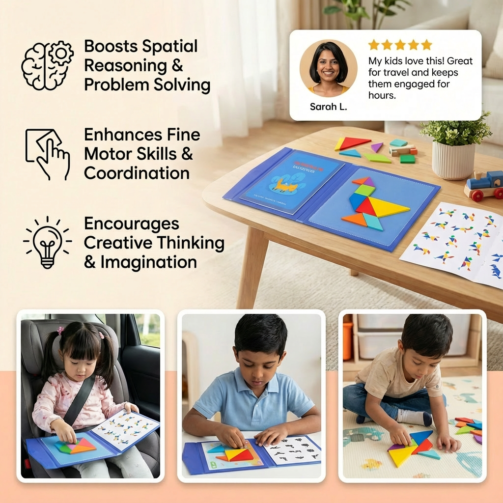 Portable Montessori Wooden Magnetic Tangram Puzzle Book Learning Toy
