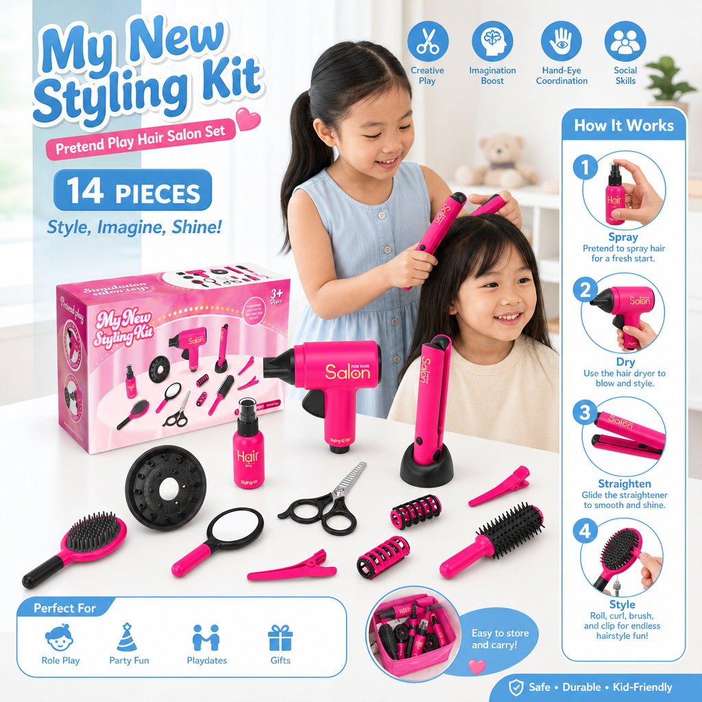 14-Piece Kids Hair Styling Salon Pretend Play Set