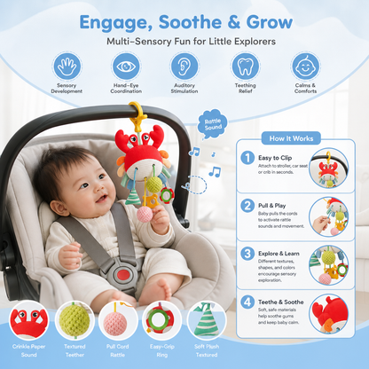 Crab Activity Toy with Pull Cord, Rattle & Teether for Babies