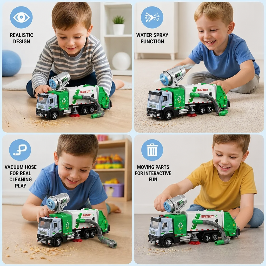 Die-Cast Street Sweeper Toy Truck with Vacuum Hose & Mist Spray