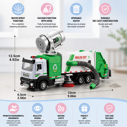 Die-Cast Street Sweeper Toy Truck with Vacuum Hose & Mist Spray