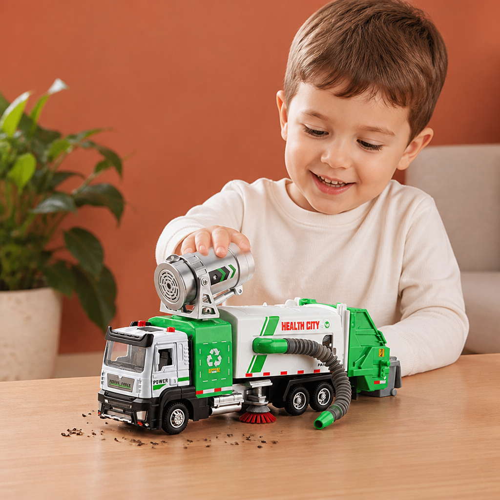 Die-Cast Street Sweeper Toy Truck with Vacuum Hose & Mist Spray
