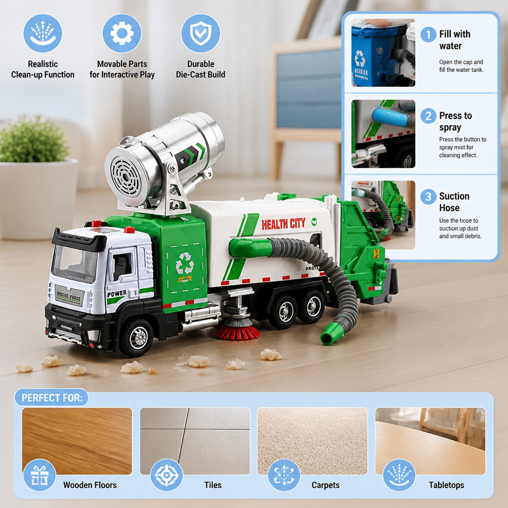 Die-Cast Street Sweeper Toy Truck with Vacuum Hose & Mist Spray