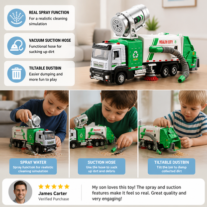 Die-Cast Street Sweeper Toy Truck with Vacuum Hose & Mist Spray