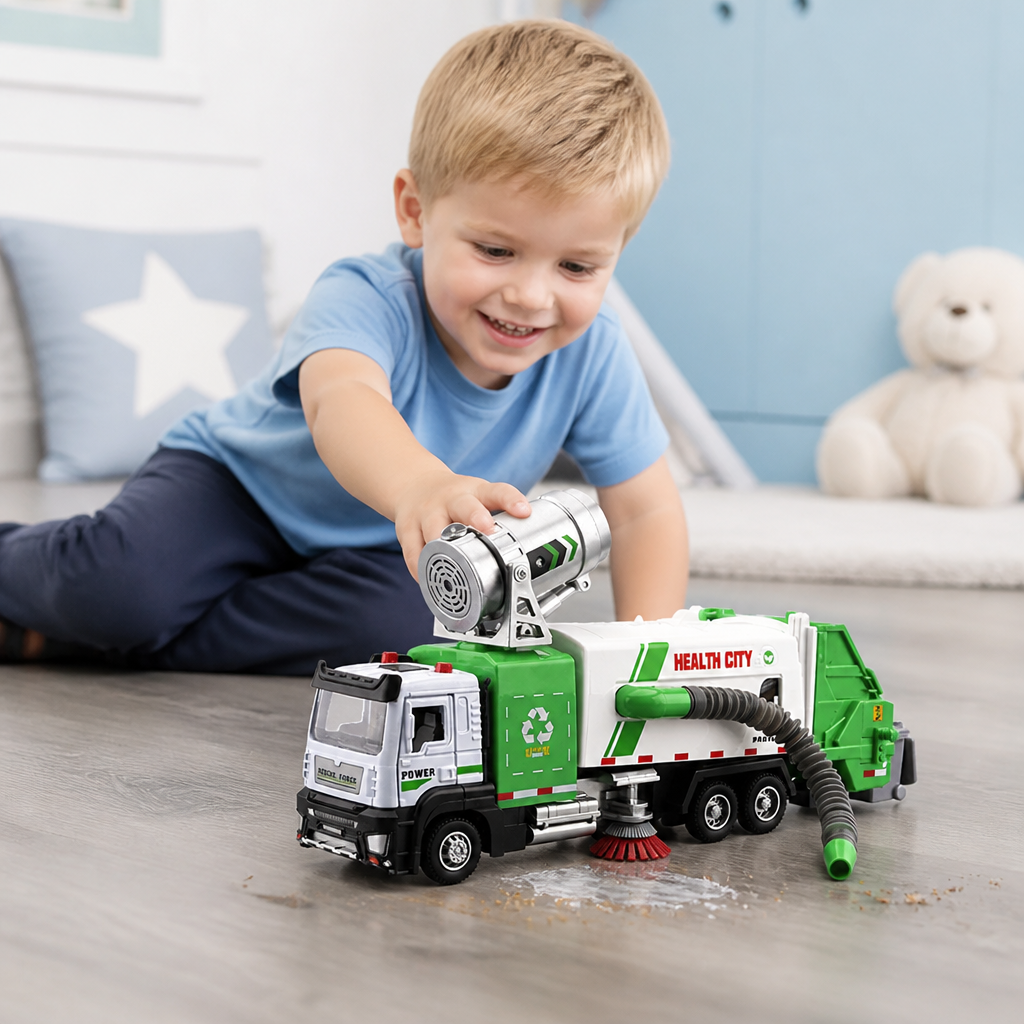 Die-Cast Street Sweeper Toy Truck with Vacuum Hose & Mist Spray