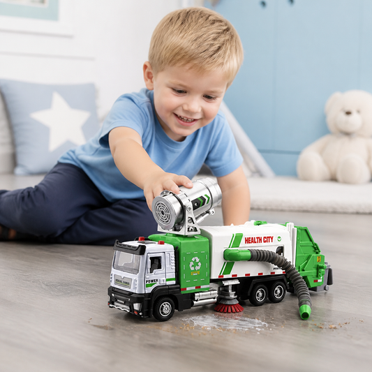 Die-Cast Street Sweeper Toy Truck with Vacuum Hose & Mist Spray