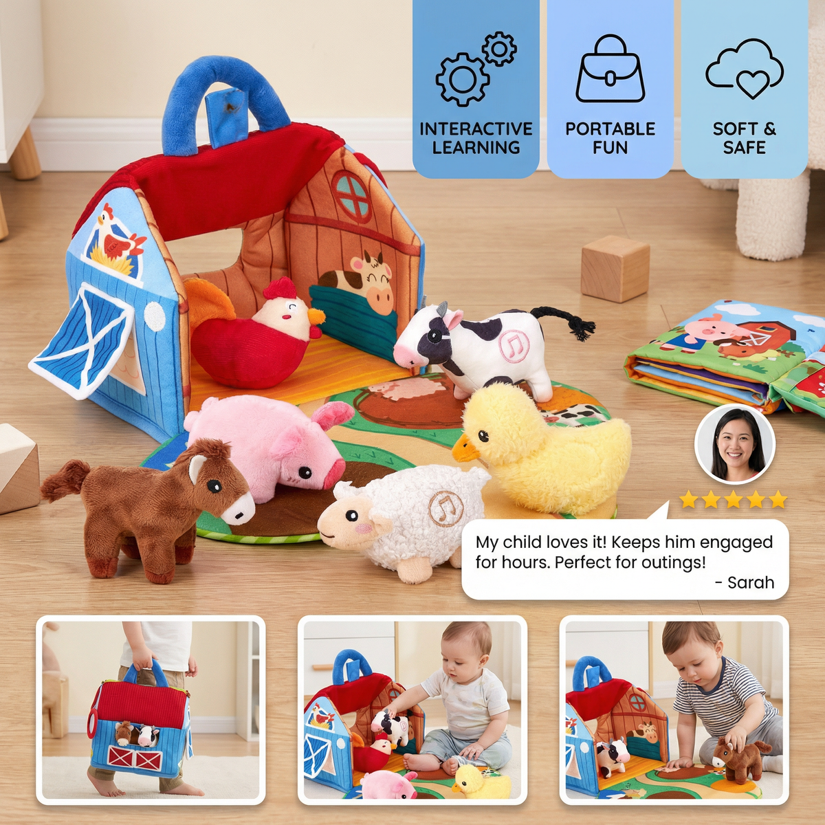 Farm Plush Toy Playset – Interactive Educational Toy with Portable Playhouse