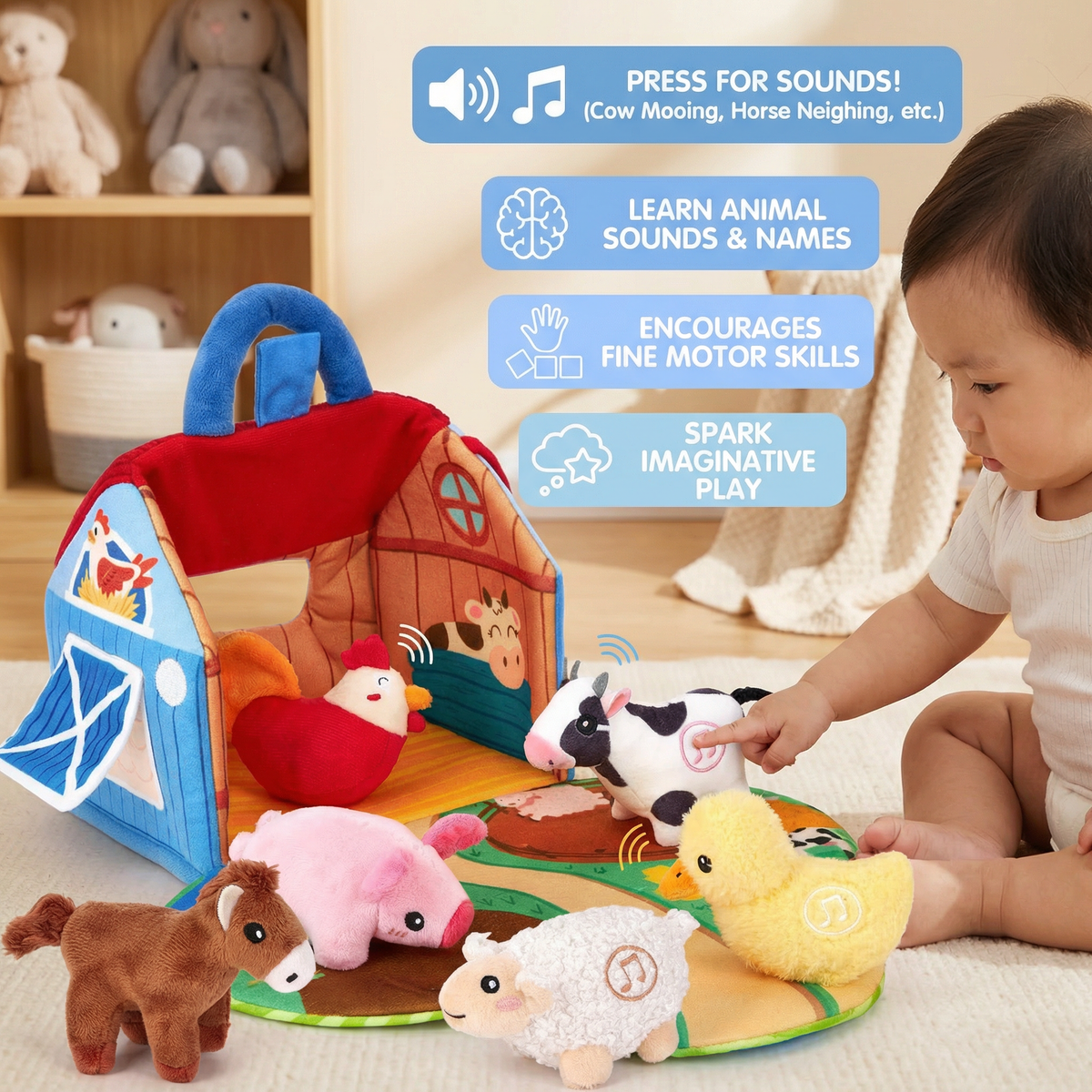 Farm Plush Toy Playset – Interactive Educational Toy with Portable Playhouse