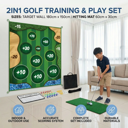 2in1 Golf Training & Play Set – Indoor & Outdoor Swing Mat with Target Wall & Club