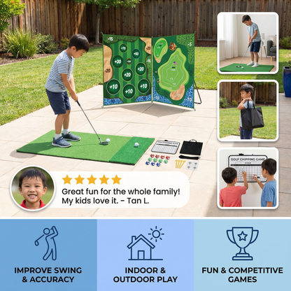 2in1 Golf Training & Play Set – Indoor & Outdoor Swing Mat with Target Wall & Club
