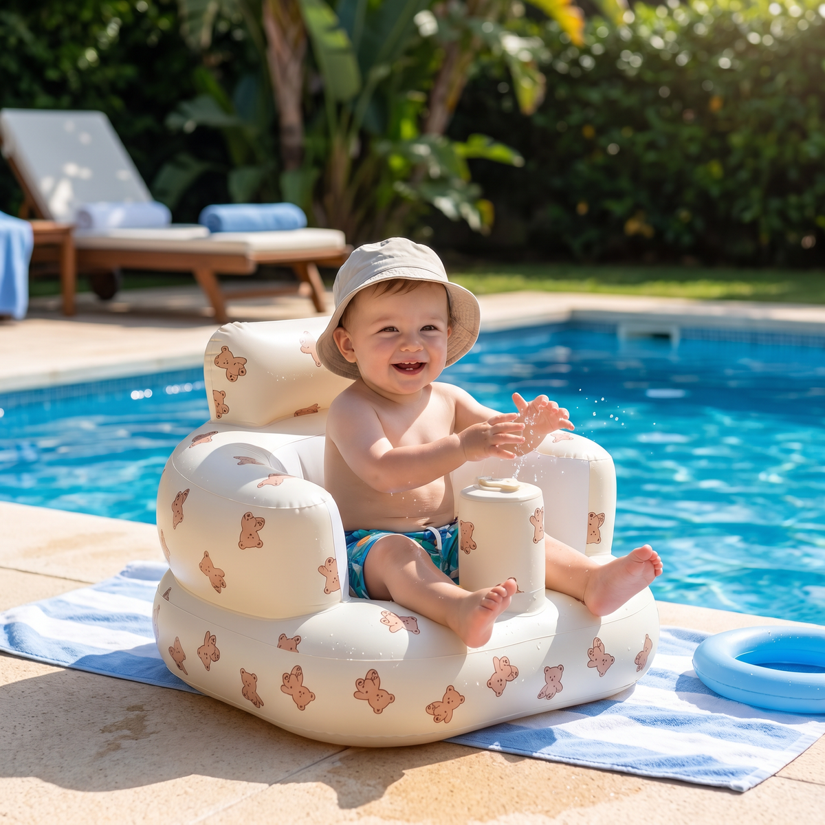 Inflatable Baby Seat with Bear Print for Sitting and Bath