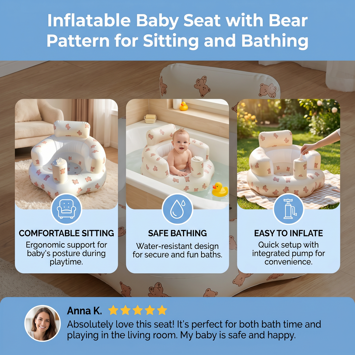 Inflatable Baby Seat with Bear Print for Sitting and Bath