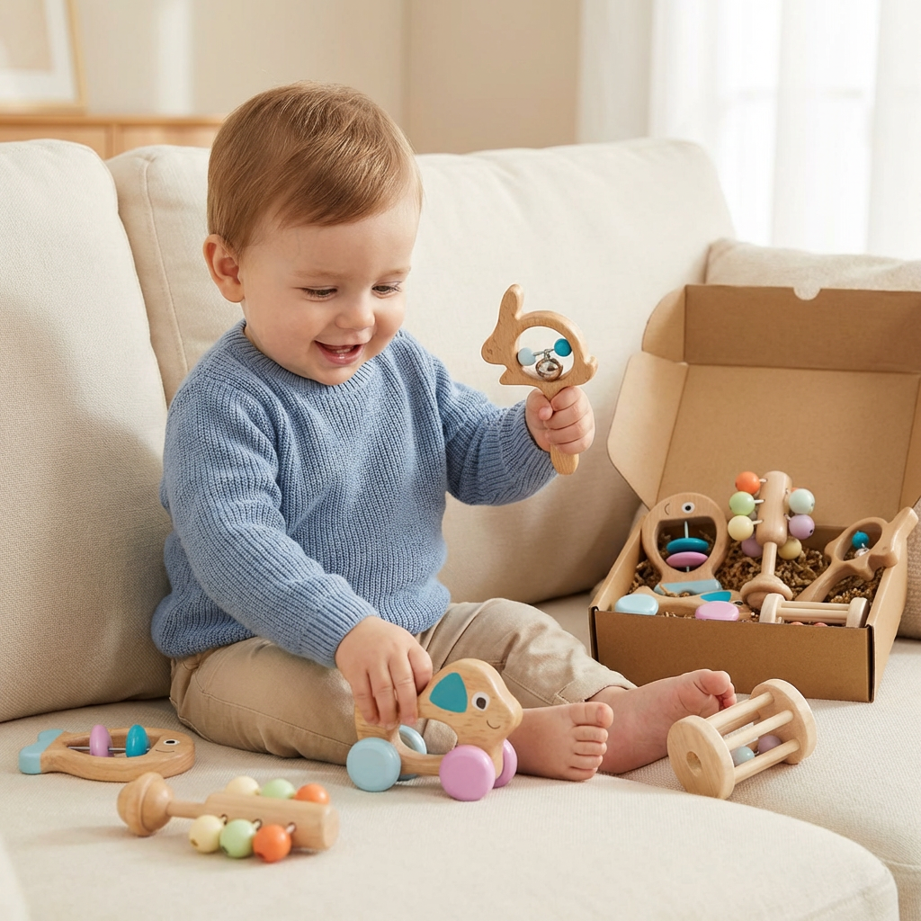 Wooden Baby Gift Set – Rattle & Musical Toy Set for Newborns