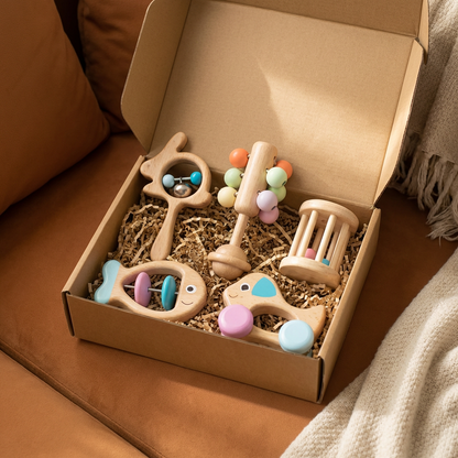 Wooden Baby Gift Set – Rattle & Musical Toy Set for Newborns