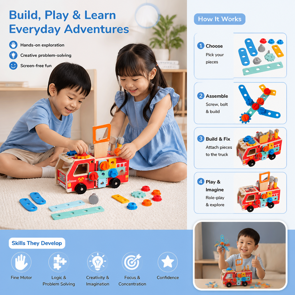 Montessori Wooden Firefighter Tool Box & Building Set