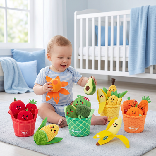 Soft Fruit & Vegetable Learning Toy for Babies – 4-Pack Color Sorting Set with Rattle and Crinkle Effect