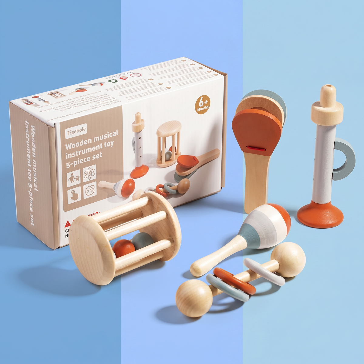 Montessori Wooden Baby Music Set – 5-Piece Sensory Rattle Toy Collection