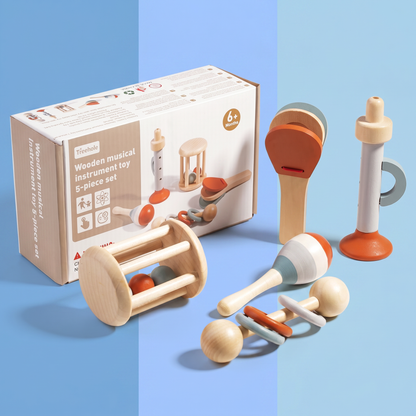 Montessori Wooden Baby Music Set – 5-Piece Sensory Rattle Toy Collection