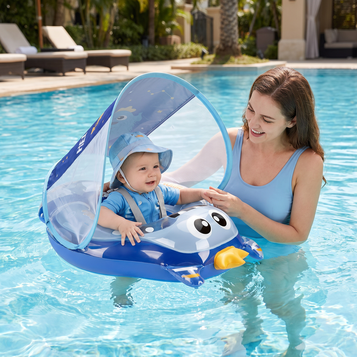 Inflatable Baby Swim Ring with Shoulder Straps & Sun Canopy – Safe Pool Seat for Babies