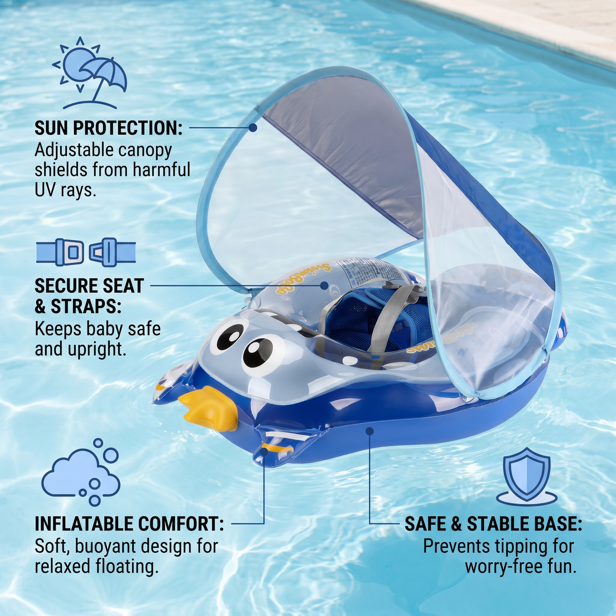 Inflatable Baby Swim Ring with Shoulder Straps & Sun Canopy – Safe Pool Seat for Babies