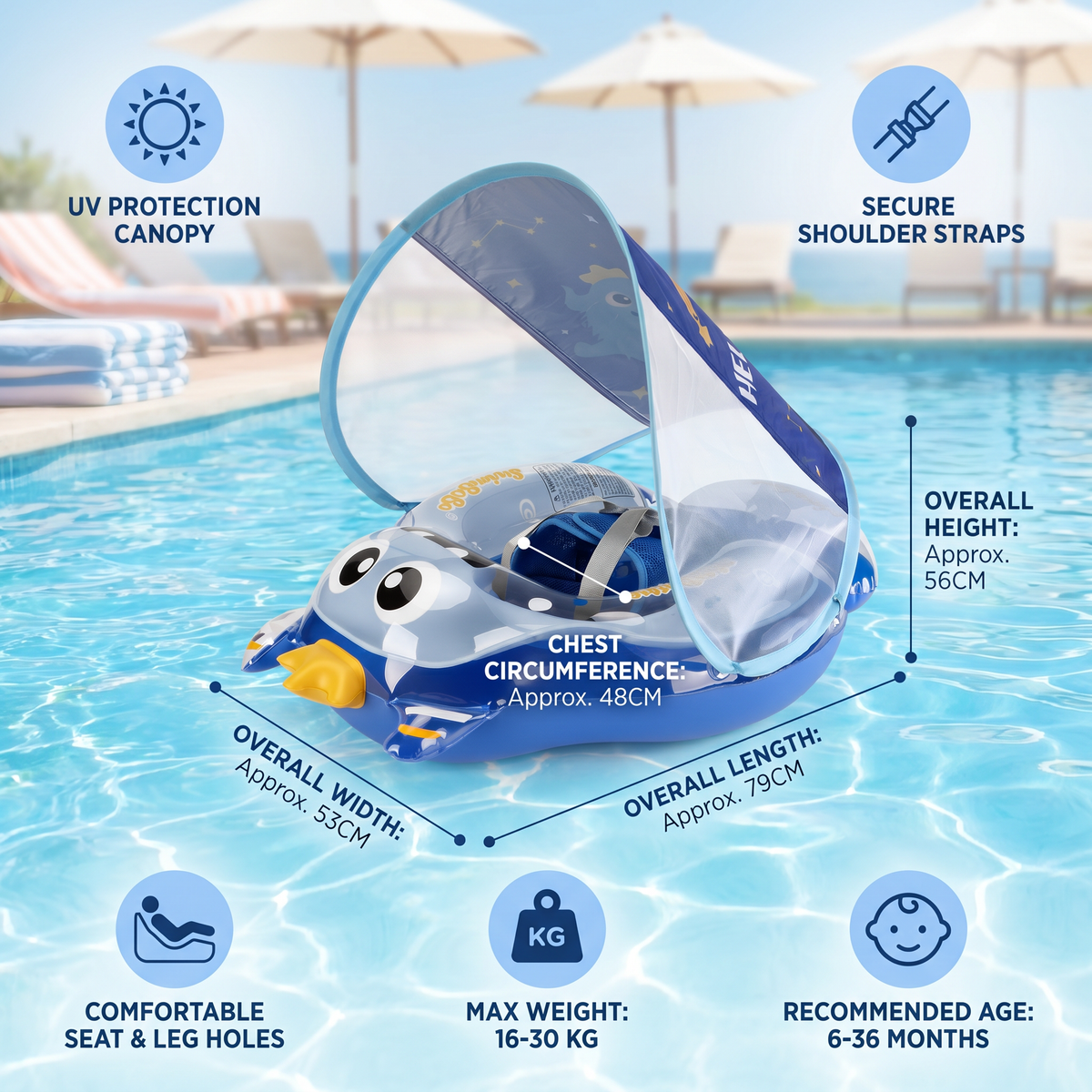 Inflatable Baby Swim Ring with Shoulder Straps & Sun Canopy – Safe Pool Seat for Babies
