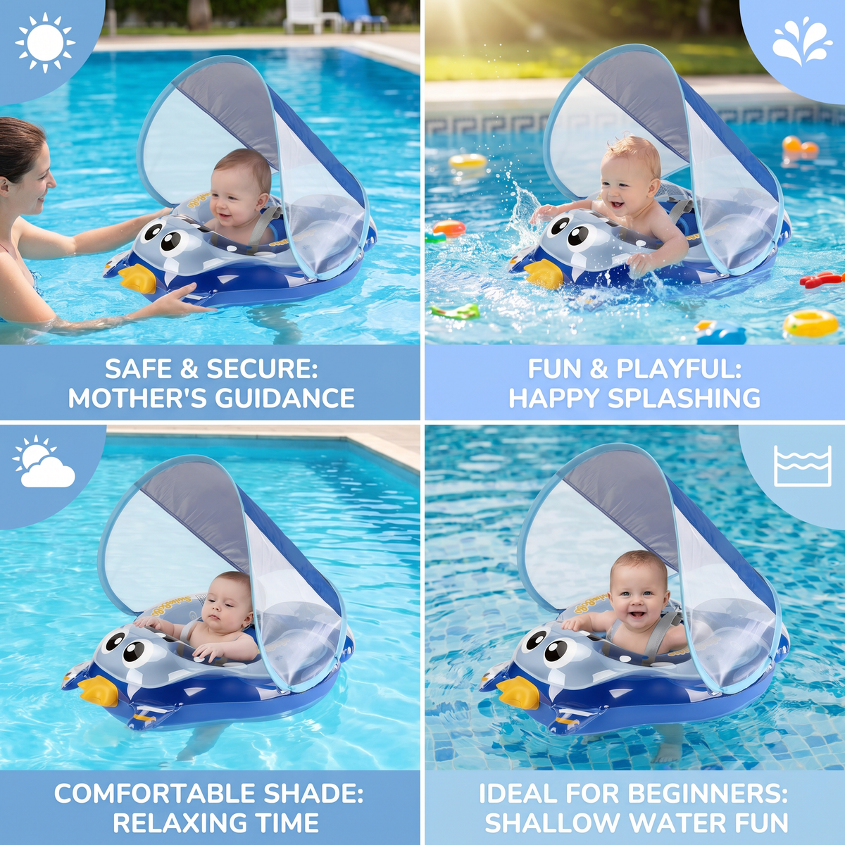 Inflatable Baby Swim Ring with Shoulder Straps & Sun Canopy – Safe Pool Seat for Babies