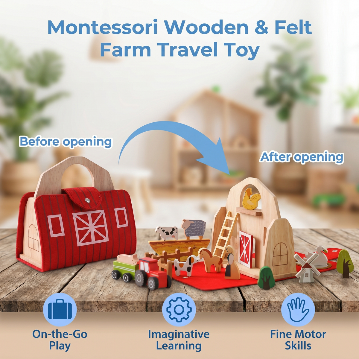 Montessori Wooden & Felt Farm Travel Toy – Perfect for On-the-Go Play