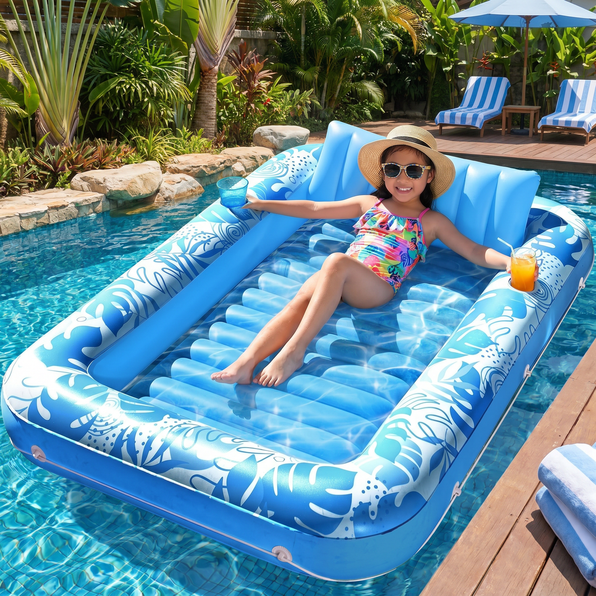 Inflatable Tanning Pool Lounge with Pillow & Cup Holder