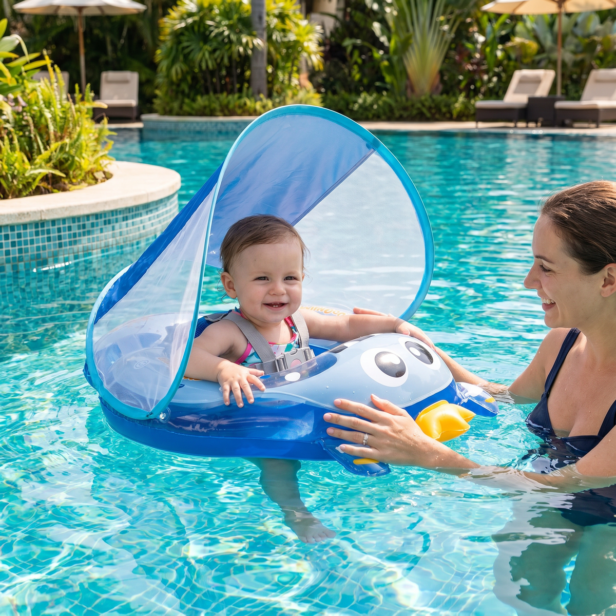 Inflatable Baby Swim Ring with Shoulder Straps & Sun Canopy – Safe Pool Seat for Babies