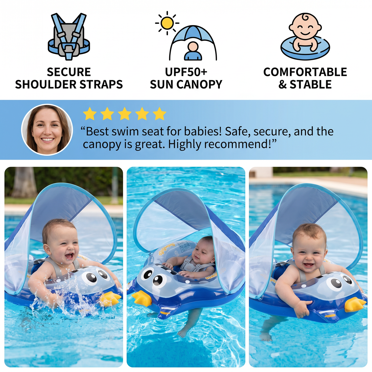 Inflatable Baby Swim Ring with Shoulder Straps & Sun Canopy – Safe Pool Seat for Babies