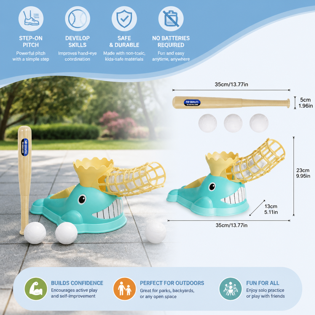 Step-On Baseball Pitching Machine with Bat & Balls for Kids