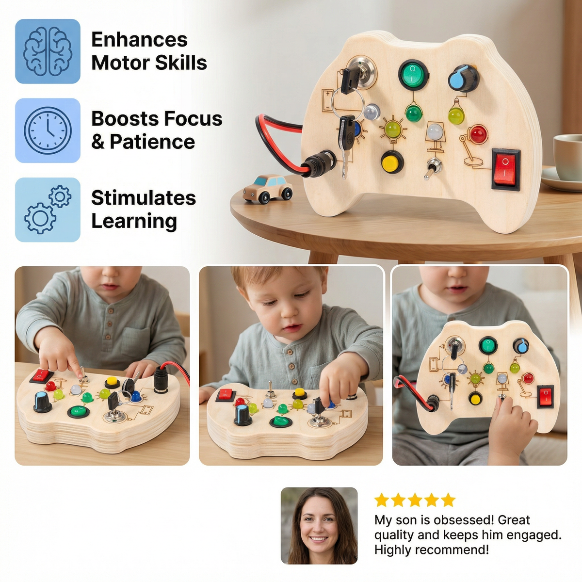 LED Controller Busy Board Wooden – Montessori Learning Toy for Motor Skill Development