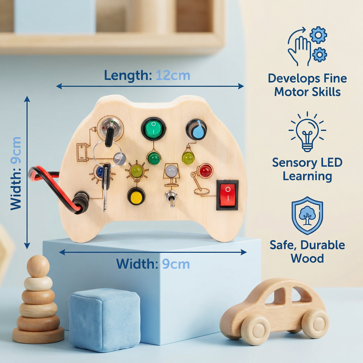 LED Controller Busy Board Wooden – Montessori Learning Toy for Motor Skill Development