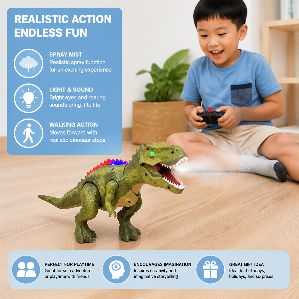 Remote Control Walking T-Rex – RC Dinosaur with Spray Mist, Lights & Sound