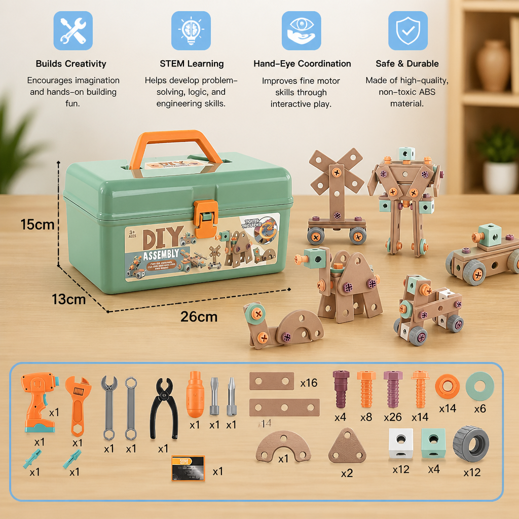 144-Piece Kids Tool Set with Drill & Toolbox – STEM Montessori Construction Kit