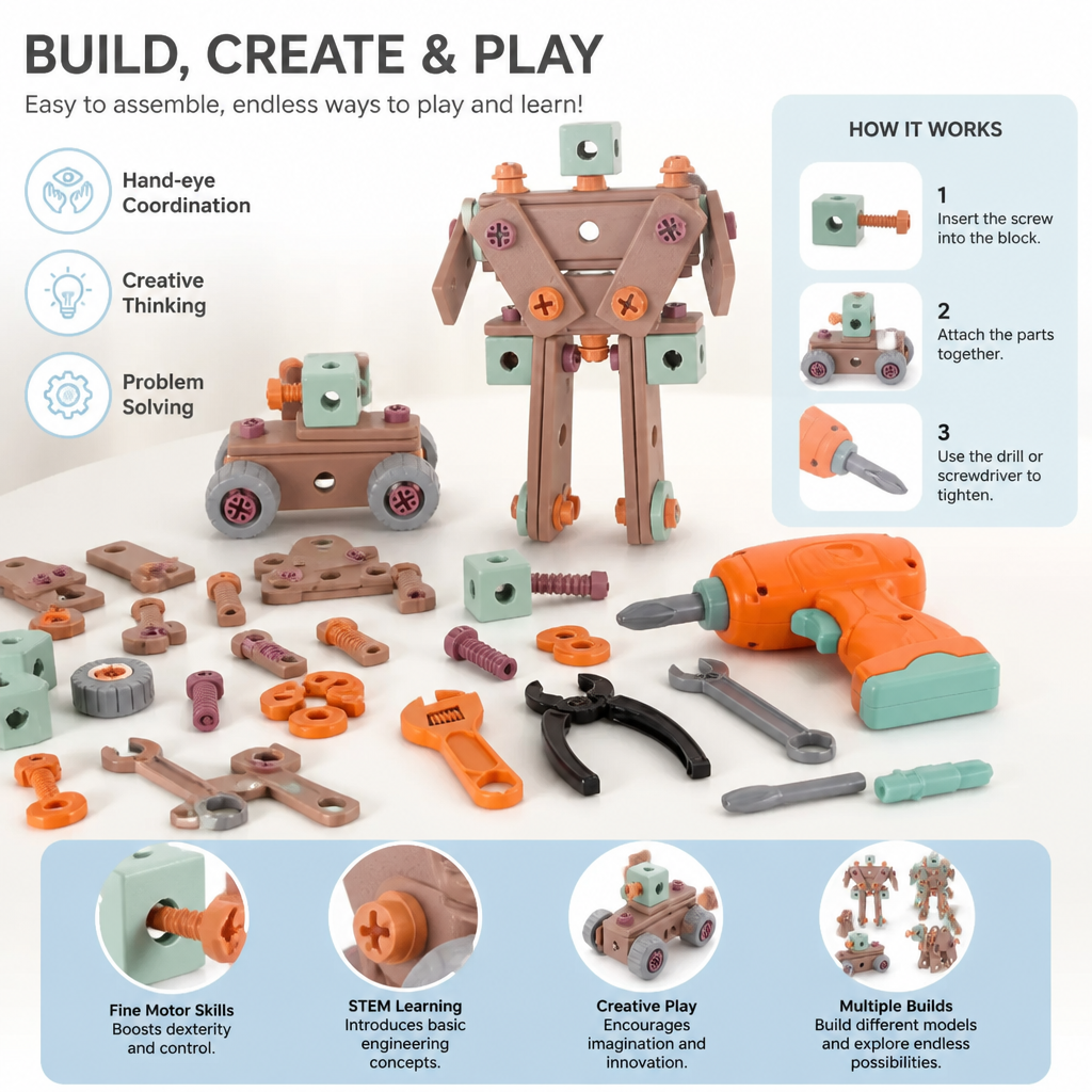 144-Piece Kids Tool Set with Drill & Toolbox – STEM Montessori Construction Kit