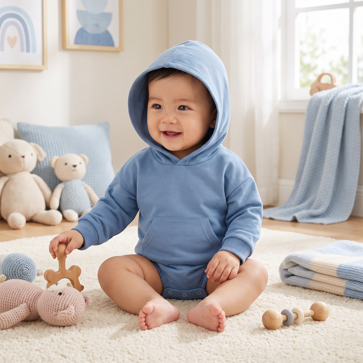 Hooded Baby Romper – Soft Long Sleeve Onesie with Front Pocket