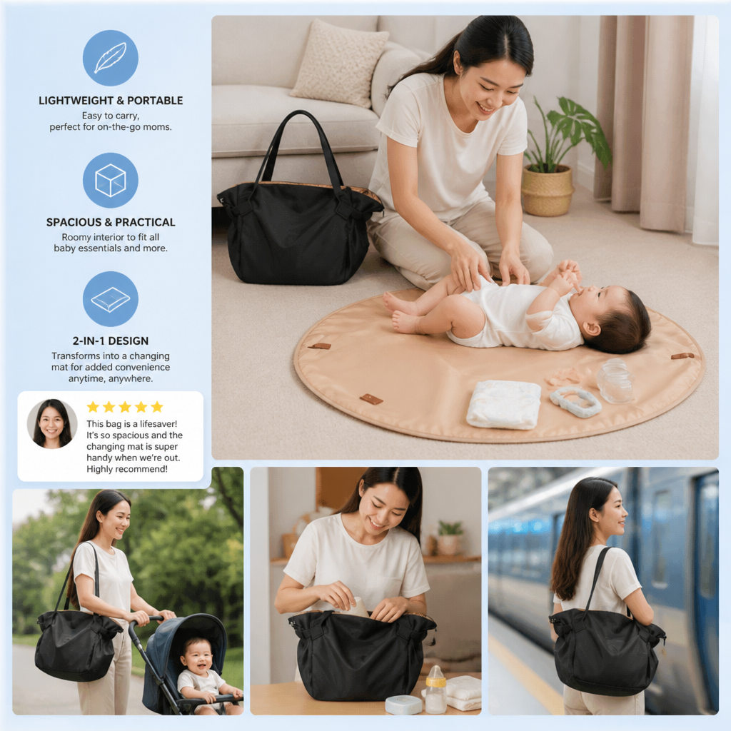 2-in-1 Folding Diaper Bag & Changing Mat – Lightweight & Spacious Travel Tote for Moms