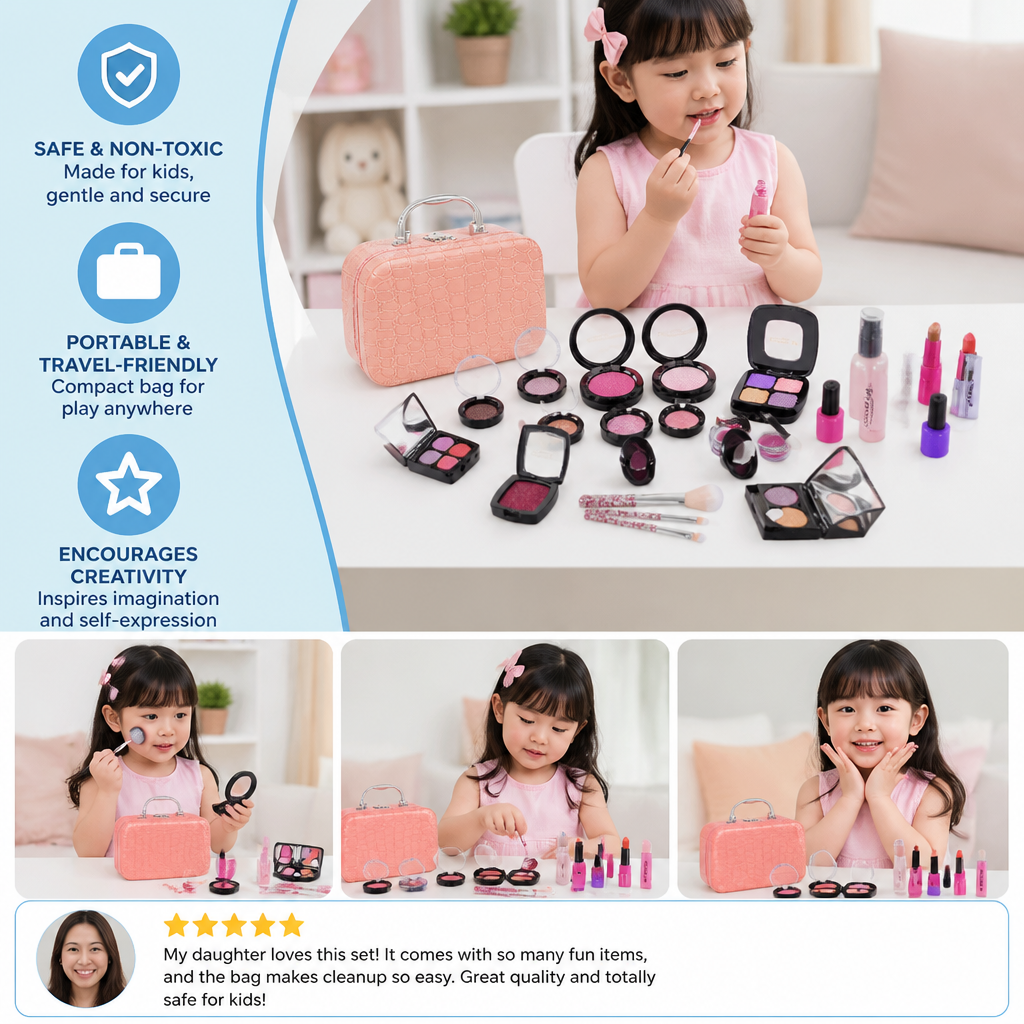 Make-up Play Set for Girls – Safe Kids Cosmetic Set with Practical Bag