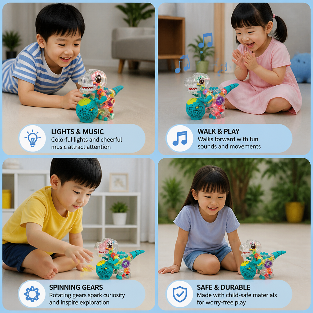 Interactive Light-Up Gear Dinosaur Toy with Music & Walking Action