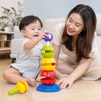 2-in-1 Interactive Rotating Stack & Ball Drop Tower with Rattle for Kids