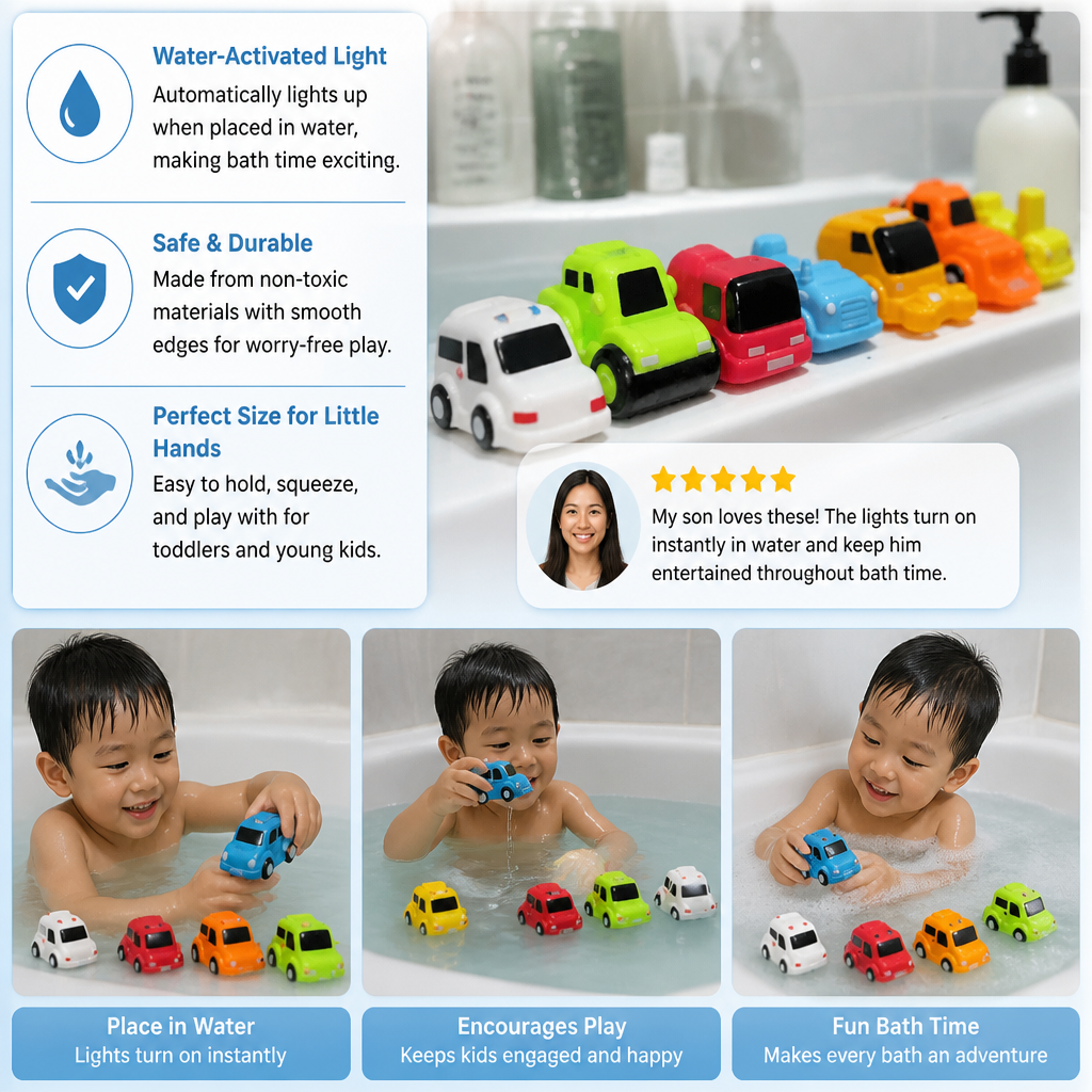Light-Up Bath Toy Car Set – Water-Activated Baby Bath Toys