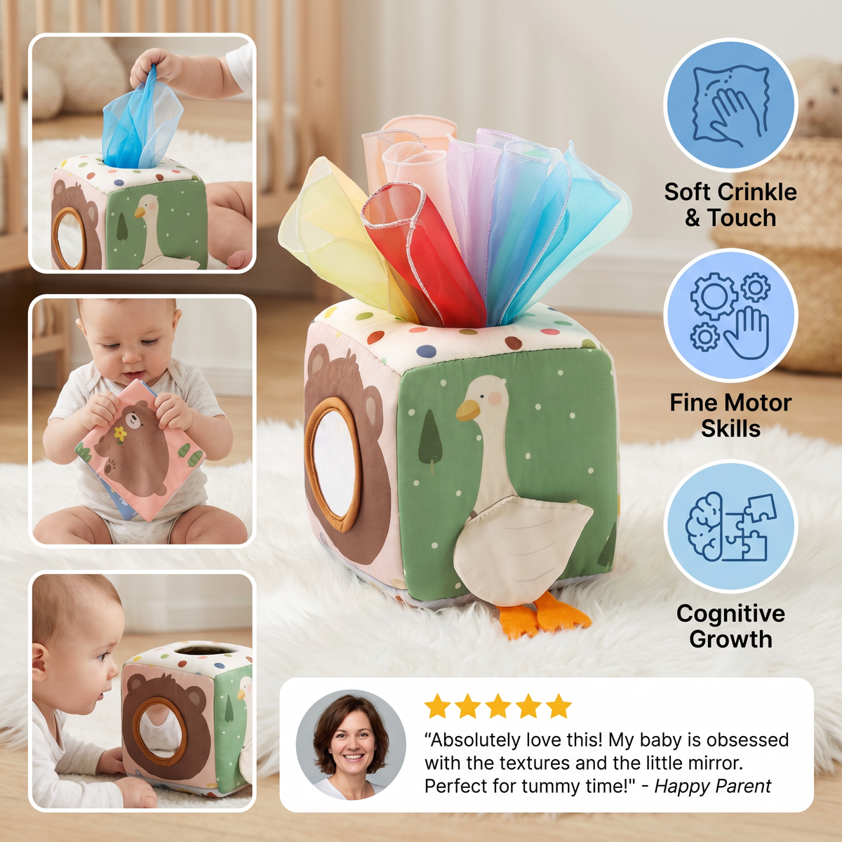 Montessori Baby Sensory Tissue Box – Soft Crinkle & Touch Activity Toy