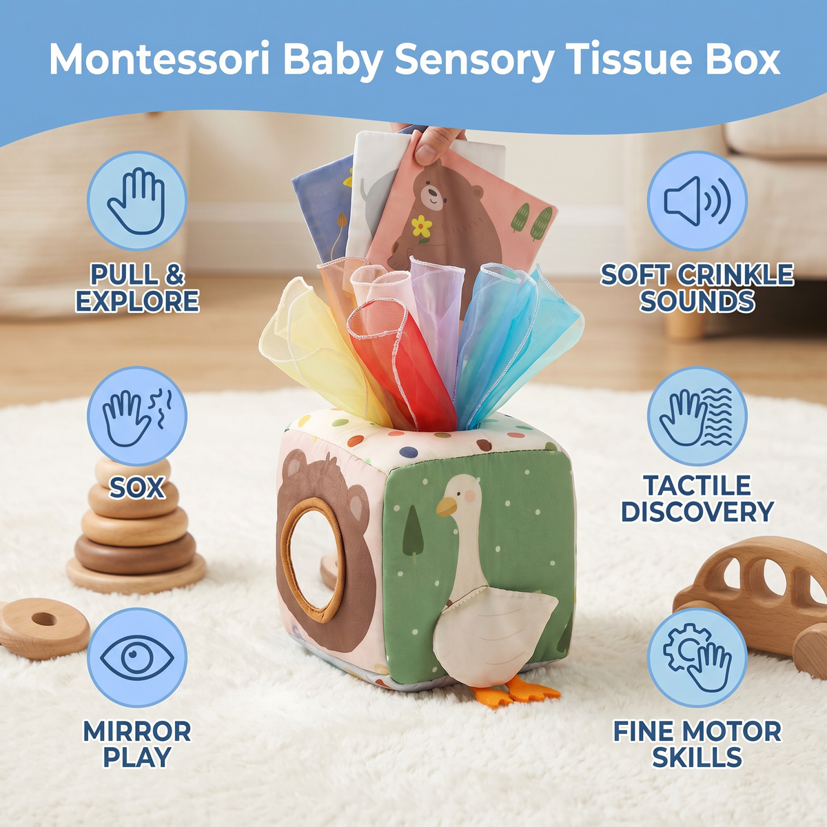 Montessori Baby Sensory Tissue Box – Soft Crinkle & Touch Activity Toy